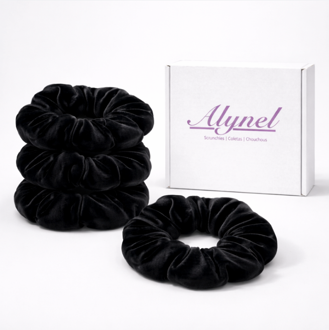 Pack de 3 Coleteros de Terciopelo Premium: Suaves, Elegantes y Resistentes. Ideal para todo tipo de cabello. (Midnight)